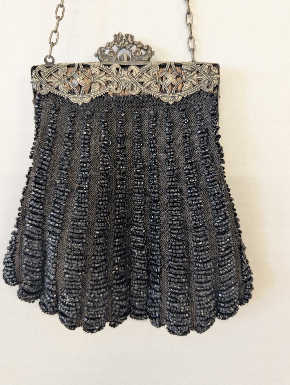 Vintage Bag Black Beaded Evening Ornate Silver Frame Victorian 1800